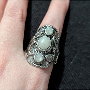 Silver Tone White Long Statement Ring - Size 8 Adjustable
